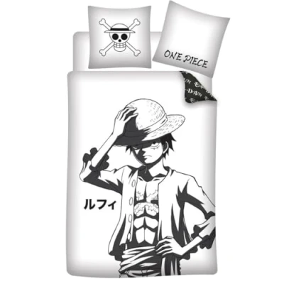 Image de Parure de Lit One Piece Noir et Blanc 100% Coton Housse Couette 140x200 cm Taie d&#039;oreiller 60x70 avec Monkey D. Luffy