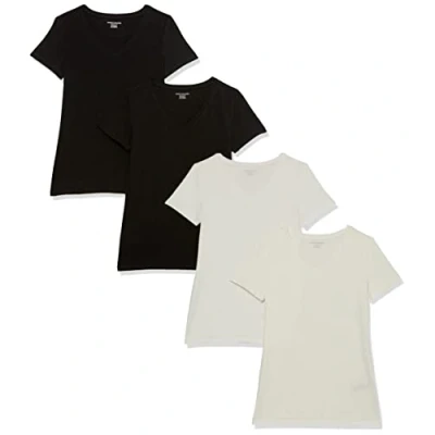Image de Amazon Essentials T Shirt Col en v à Manches Courtes Coupe Classique Femme, Lot de 4, Noir/Blanc, S