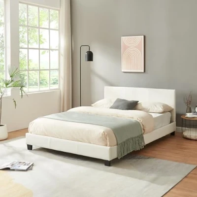 Image de Lit Double Rembourré Moderne Robuste Sommier à Lattes Solide Housse Similicuir Design Élégant 140 x 200 cm Blanc
