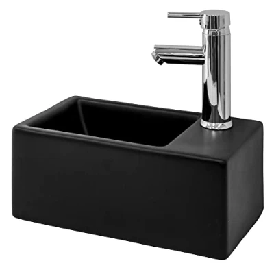 Image de ML Design Lavabo en Céramique Noir Mat, 355x205x125 mm, Vasque à Poser Rectangulaire, Trou pour Robinet Droite et d&#039;Évacuation, sans Mitigeur Matérial de Montage, Évier Salle Bain