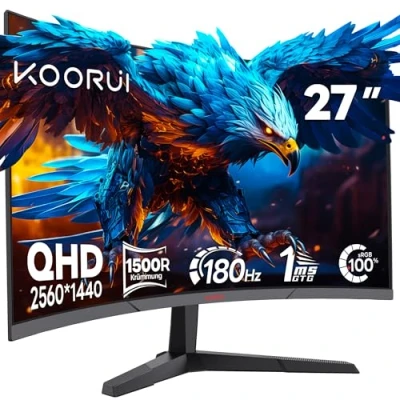 Image de KOORUI 27 Pouces Ecran PC Gaming incurvé, Écran WQHD 1500R Moniteur 180Hz 1ms (GTG) Adaptive Sync, HDR, Inclinaison réglable, Prend en Charge HDMI2.0/DP1.4