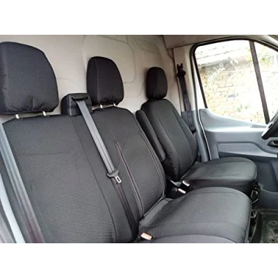 Image de Housse de siège avant 2 + 1 en tissu noir conçue pour s&#039;adapter aux voitures Ford Transit Custom après 2015, petite cabine conduite à gauche