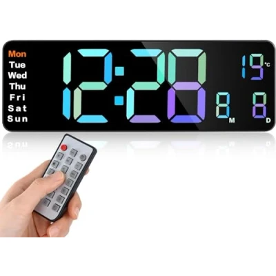 Image de Fuloon Horloge Murale Numérique LED avec Télécommande Positif Compte à Rebours Luminosité Réglable Pendules Murales pour Salon Cuisine Bureau Gymnase (13 Pouces, Coloré)