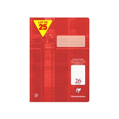 Image de Clairefontaine 331026Cpack paquet de 25 cahiers, idéal pour l&#039;école, DIN A4 21x29,7 cm, réglure 26 petits carreaux 5x5mm avec marge, 32 pages, 90g, rouge, 1