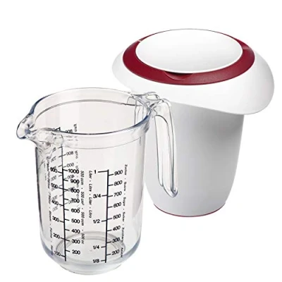 Image de Westmark 306822E6 Lot de 2 verres doseurs 1 l avec couvercle divisé en deux parties et verre doseur gradué multilingue bec verseur plastique droit, transparent/blanc/rouge,