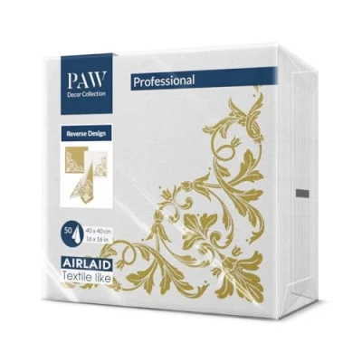 Image de PAW Serviette de Table Papier Airlaid (40 x 40 cm) I 50 Pièces Idéal pour Mariage, Baptême, Communion, Anniversaire Décoration avec Motif au Dos Inversé Or Blanc