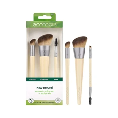 Image de EcoTools Nouveau trio naturel dissimulé, amélioré et sculpté, pinceaux de maquillage pour fond teint, correcteur sourcils, poils synthétiques denses sculpter le visage