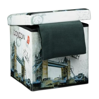 Image de Relaxdays Tabouret pliant coffre de rangement pliable banc stockage avec couvercle amovible 38 x cm pouf en similicuir repose pieds table appoint motifs tendances Londres