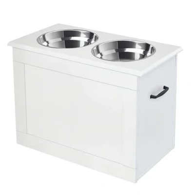 Image de PawHut gamelles Chiens surélevées gamelle Double Chien Chat Porte surélevé dim. 60L x 30l 41H cm 2 2L poignées Coffre Bois Blanc