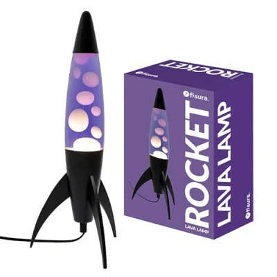 Image de Fisura Lampe à lave violette rocket. Base noire, liquide violet et blanche. rétro avec ampoule de rechange. 20 cm x 45 cm.