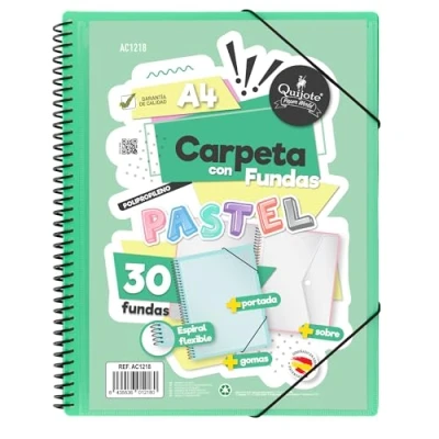 Image de Starplast Dossier pochettes spiralées flexibles 30 transparentes, A4, fermeture élastique, couverture en polypropylène, personnalisable, utilisation scolaire et de bureau vert pastel