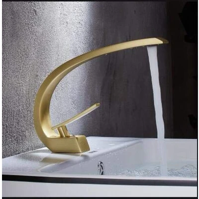 Image de Robinets de lavabo AFUDER robinet mélangeur salle bain moderne noir/or à cascade chaude et froide poignée unique