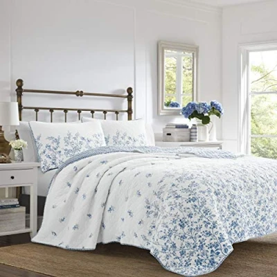 Image de Laura Ashley Flora Collection Parure de lit 100% Coton, réversible avec taie(s) Assortie(s), prélavée pour Plus Douceur, jumeau, Bleu