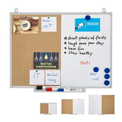 Image de Relaxdays Tableau combiné 2 en 1, liège, magnétique, Cadre Aluminium, avec étagère, 45 x 60 cm, Blanc/Naturel