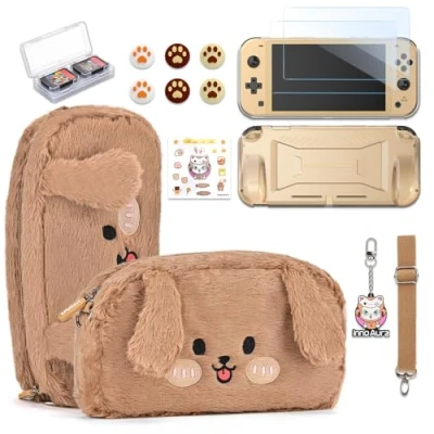 Image de innoAura Étui Switch Lite,Pack d&#039;accessoires 14 en 1 pour Lite avec étui de Transport Mignon,Protecteur d&#039;écran Lite,étui Jeu Switch(Chien Marron)