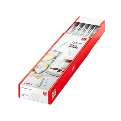 Image de ZWILLING pailles incurvées réutilisables en verre borosilicate pour boissons chaudes ou froides, pack de 4 + 1 brosse à nettoyer, longueur 23 cm, couleur: transparente, série Sorrento