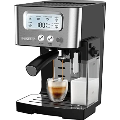 Image de SENCOR Machine Expresso avec Mousseur et Réservoir à lait, Ecran LCD, Pompe italienne 15 bars, Préchauffage rapide, Thermoblock, Barista Express, Café en poudre ou dosettes [4090SS]