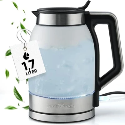Image de ProfiCook® Bouilloire 1,7 litre avec verre satiné Réservoir d&#039;eau éclairé en bleu 1,7L Kettle ouverture de remplissage à fermeture automatique Sans BPA 2200W PC WKS 1215 G