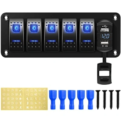 Image de Rupse Panneau de Commutateur à Bascule Interrupteur LED Bleu Voltmètre Numérique Double USB Chargeur pour Véhicules Bateaux Camping car Camion (Noir, 5 Gang)
