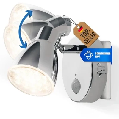 Image de Trango Veilleuse à capteur LED 2635 018 en chrome avec fonction automatique directement 230V détecteur de mouvement lumière sécurité, lampe douille, applique murale, d&#039;orientation