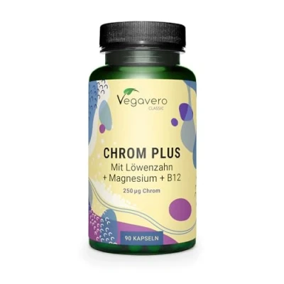 Image de CHROME 250 µg Avec Pissenlit, Magnésium, Vit B12 3 Mois GLYCEMIE + METABOLISME Biodisponibilité Elevée Vegan et Sans Additifs Vegavero®
