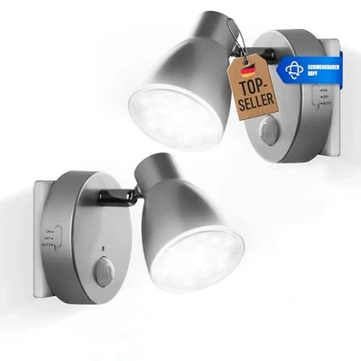 Image de Trango 2er Pack veilleuse à détecteur LED TG2635 024 en argent avec fonction automatique de mouvement, lampe sécurité, douille, murale, d&#039;orientation,