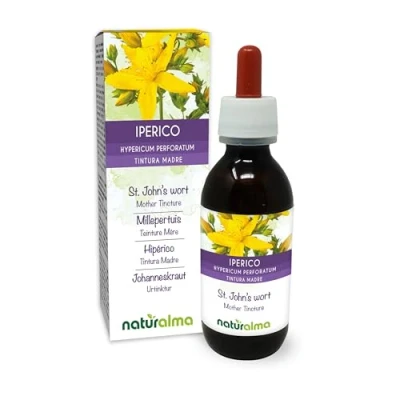 Image de Millepertuis perforé ou herbe de Saint Jean (Hypericum perforatum) avec fleurs Teinture Mère sans alcool Naturalma Extrait liquide gouttes 120 ml Complément alimentaire Végétalien végan