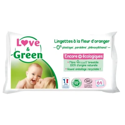 Image de Love &amp; Green Lingettes à la Fleur d&#039;Oranger Saines et Ecologiques Paquet de 64 Certifiée Cosmo Natural par ECOCERT FSC Emballage recyclable