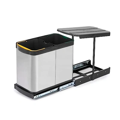 Image de Emuca Recycle Bacs de recyclage en inox pour la cuisine, 2 x 12 L, fixation par le bas et retrait manuel/automatique.
