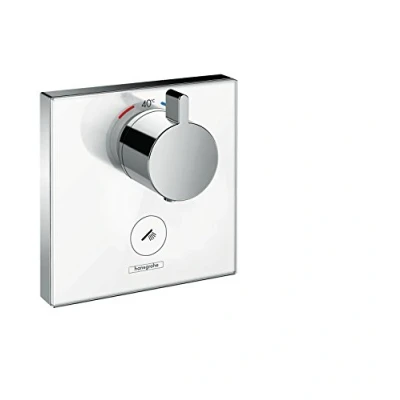 Image de hansgrohe ShowerSelect Glas Set de finition en verre pour mitigeur thermostatique encastré haut débit avec une sortie permanente et un robinet d’arrêt, blanc/chromé, 15735400