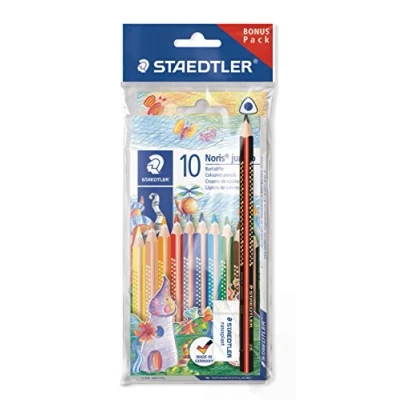 Image de Staedtler Jumbo Crayons de Couleur Noris Club, Résistance à La Rupture , Forme Triangulaire, Système ABS, adaptée aux enfants selon DIN EN71, Ensemble 10 couleurs brillantes, gomme et crayon, 61 SET7