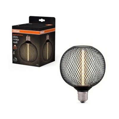 Image de OSRAM DECOR LED Globe aus klarem, schwarzem bleifreiem Glas mit Strohfilament 3.5W, komfortables Warmweiß 818, 110lm/1800K, E27 Schraubfassung, dimmbar, 125 mm Durchmesser.
