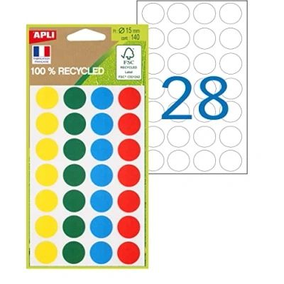 Image de APLI 101786 pastilles de couleur 100% recyclées 140 Couleurs assorties : vert, bleu, rouge, jaune Diamètre: 15 mm.