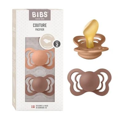 Image de tétine BIBS Couture, lot de 2, caoutchouc naturel, danoise forme anatomique. 100% sans bisphénol A. (Peach/Woodchuck, taille 2 (à partir 6 mois))