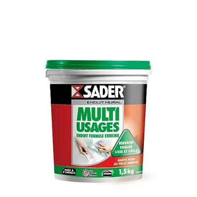 Image de Sader Enduit Mural Multi Usages en Pâte Rebouche, Égalise, Lisse et Colle Intérieur/Extérieur Spéciales Pièces Humides Tous Supports 1 Pot 1,5 kg, Blanc