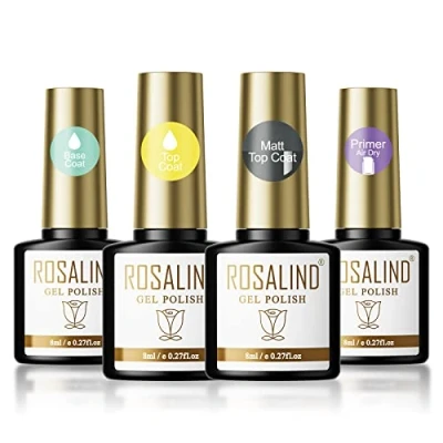 Image de ROSALIND Top Coat Semi Permanent, Base et Vernis Permanent UV LED Soak Off 8ml 4pcs avec Coat, Primer, Brillant Mat