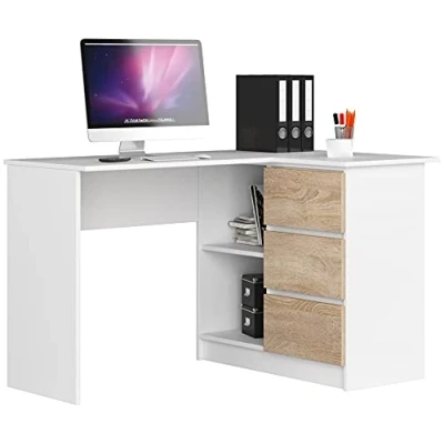 Image de AKORD Bureau d&#039;angle avec 2 étagères et 3 Tiroirs Table Meuble de Rangement intégré modulable L124 x H77 P85 Fourniture Blanc &amp; Chêne Sonoma Façade