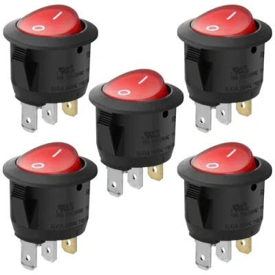 Image de Heschen Interrupteurs ronds à bascule, 3 bornes, lumière rouge 10 A, 250 VAC, lot de 5