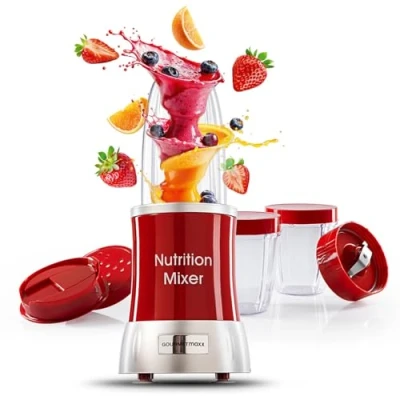 Image de GOURMETmaxx Nutrition Blender Deluxe Ensemble de 10 pièces pour smoothies &amp; co. 22 000 tours des encore plus riches en vitamines Inclus 3 tasses, couvercle à emporter et recettes
