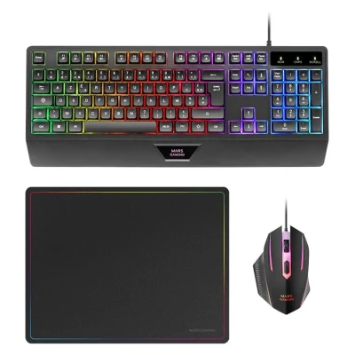 Image de MARSGAMING MCP124, Combo Gaming 3en1, Clavier Ergonomique H Mech LED RVB, Souris RVB 3200DPI HUANO Switchs, Tapis de Nanotextile 360x260mm, Compatibilité Multiplateforme, Française, Noir