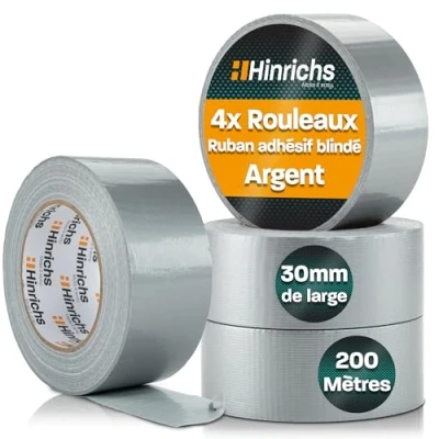 Image de Hinrichs Ruban Adhésif Argent 4 Rouleaux de en Tissu 50m x 50mm Duct Tape extra fort Gaffer Imperméable Gris puissant pour une utilisation Intérieure et Extérieure