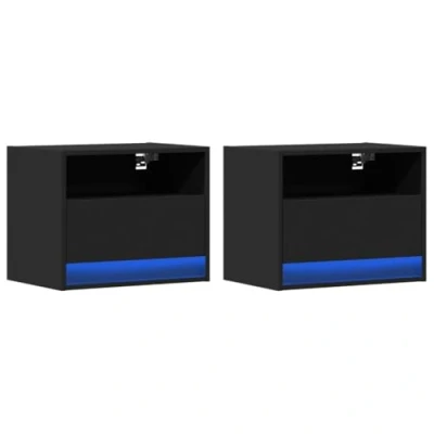 Image de vidaXL Tables de chevet murales avec lumières LED 2 pcs noir, table flottante, support téléphone, 3307978