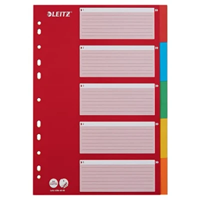 Image de Leitz Intercalaires A4 5 Touches, Rouge/Multicolore, Strong Carton Recyclé, Onglets avec Table des Matières, 43866000