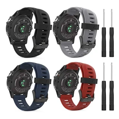 Image de MoKo Bracelet Compatible avec Garmin Fenix 3/3 HR/5X/5X Plus/Tactix Charlie/Descent Mk1, [Lot de 4] Remplacement en Silicone des Outils Noir + Gris Bleu Nuit Rouge Foncé
