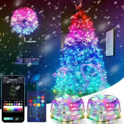 Image de ZWOOS 2 * 10m 200 LED Guirlande Lumineuse RVB, Réagir à la Musique, Alimenté par USB, Étanche IP65, Contrôle APP/Télécommande pour Noël, Intérieur, Extérieur