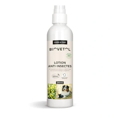 Image de Biovetol Lotion Anti Insectes Bio Insectifuge Certifié Ecocert puces, Tiques Soin pour Chien, Chat, Chiot, Chaton 240 ML
