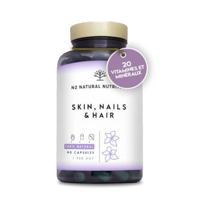Image de Biotine. Complement Alimentaire Cheveux, Peau et Ongle. Vitamines C, E, B. Minéraux Zinc, Magnésium Selenium. Pousse Cheveux Barbe, Soin Biotine Cheveux. 90 Capsules. N2 Natural Nutrition