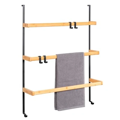 Image de eluno Étagère Suspendue de Porte en métal et Bambou, Serviettes avec 3 Barres Serviettes, 4 Crochets Pratiques, à Suspendre sans perçage (Noir)