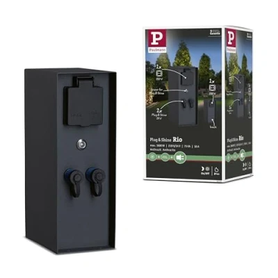 Image de Paulmann 94701 Plug&amp;Shine luminaire d&#039;Ext Accessoire Colonne Prises Rio avec détecteur crépuscu. IP44 Anthracite raccordements 2x230V 2xPlug&amp;Shine 24V, Tôle d&#039;acier
