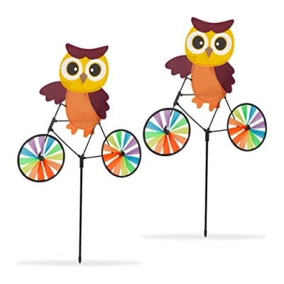 Image de Relaxdays Moulin à de 2, Hibou sur Un vélo, HLP env. 84,5 x 51,5 3 cm, pour Balcon &amp; terrasse, Multicolore